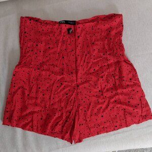 Zara Pleated Silky Shorts, Vibrant Red with Organic Black Dot Pattern, Size XL